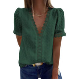 Patchwork V-neck Solid Women Chiffon Blouse Short Puff Sleeve Loose Ladies Blouses Summer Casual Female Tops 2021