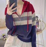 2024 New Color Striped Double Zipper Hat Knitted Cardigan Women's Loose Thin Sweater Jacket-Outfit