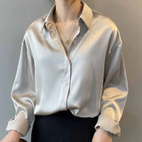 Vintage Fashion Button Up Satin Shirt Silk Korean Office Ladies Elegant Shirt Blouse White Long Sleeve Shirts Tops