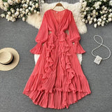 Purple/Brown/Red Chiffon Pleated Long Dress Women Vintage V-Neck Flare Sleeve Draped Ruffle Vestido Female Maxi Robe Spring