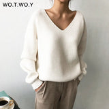 WOTWOY V-neck Knitted Oversized Sweaters Women Autumn Winter Long Sleeve Basic Sweater Women White Casual Loose Pullovers