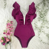 New Print Swimwear Deep V-Neck Ruffle Swimsuit Push Up One Piece Swimsuit Beach Wear Backless