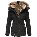 Winter Warm Wool Collar Cotton-Padded Suit Women's Zipper Long Sleeve Slim Hooded Cotton Coat MG118-Outfit