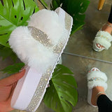 Slippers Women 2021 Fashion Summer Fur Slides For Woman Rhinestone Sandals Fluffy Female Shoes Glitter Indoor Diamond