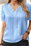 Summer Hollow Out Short Sleeve Tops Office V-neck Blouse Women Lace Mujer Loose Ladies Simple Casual Shirts Elegant