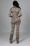 Gray Plaid Turndown Collar Zipper Long Sleeve Ruched