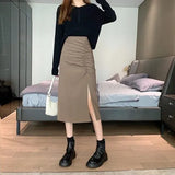 Spring and Autumn New Korean Style High Waist Fold Mid-length Side Slit A-line Skirt Female Black Temperament