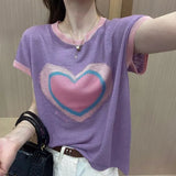 Women's Heart-shaped Printing Thin Bamboo Knot Cotton Short Sleeve Casual Loose and Cool Versatile Temperament Tops-Outfit