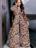 Print V-Neck Wide Leg Long Sleeve Formal