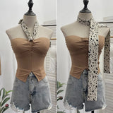 Real Shot Leopard-Print Silk Scarf Hanging Neck Design Folded Bra Strap Chest Pad Vest Short Sleeveless Top Lady