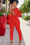 Elegant Ruffles Lace Cut Out Shoulder Long Sleeve Blazer And Pant