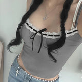 Bow Hotsweet Y2K Lace Trim Summer Cami Tops Slim Korean Coquett Clothes Crop Tops for Women Cutecore Knit Short 2024-Outfit