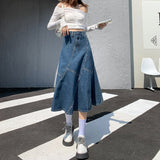 Women Denim Trumpet Skirt Streetwear Casual Irregular Patchwork A Line High Waist Ladies Mermaid Jean plaid Skirt