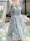 Blue Floral Dress Women Summer Bandage Sexy Party Mini Dresses Female Designer Chic Holiday Korean Fashion Strap