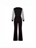 Women's Elegant Fashion Solid Color V-Neck Mesh Splicing High-Waist Pocket
