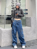 new style retro multi-pocket casual overalls Y2k women low-waist hip-hop slim loose couple straight pants-Outfit