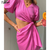 Sexy Hollow Out Summer Female Wrap Dresses 2022 Cotton Linen Casual Pink Pencil Dress Women V-Neck Puff Sleeve Short