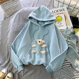 2021 Spring Autumn Women Loose Cute Pocket Bear Toy Hoodie Hooded Sweatshirt College Girls Casual Kawaii Harajuku Pullover
