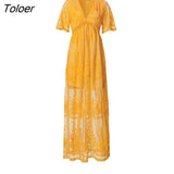 2023 Summer Boho Women Maxi Dress Loose Embroidery White Lace long Tunic Beach Dress Vacation Holiday Women