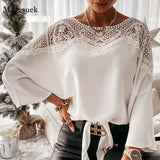 Crochet Embroidery Lace Blouses Women Autumn Sexy Lace Stitching White Shirts Vintage Plus Size Ladies Tops Blusas
