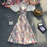 New Summer Fashion V-neck sleeveless off shoulder Dress high waist pleated waist print mid-length A-line
