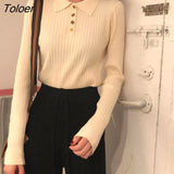 Korean Style Women Knitted Sweater 2023 Autumn Button Long Sleeve Sweaters Woman Turn Down Collar Ribbed Pullover