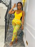 Summer Sexy Womens 2 Two Peice Set Outfits Sleeveless Backless Tops Skinny Mesh Skinny Print Pants Sets Blue Matching