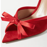 Black Suede Tip, Thin High Heel Bow Party Banquet Muller Flip-Flop Large Size-Outfit