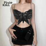 Rhinestone Butterfly Crop Top Y2k 90s Asymmetrical Backless Halter Tops Sexy Summer Black Tanks and Camis