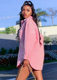 Pink Button Up Side Slit Turndown Collar Long Sleeves