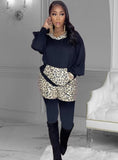 Black Contrast With Leopard Print Long Sleeve Top And Pant Two Piece
