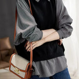 Lady Casual Plaid Patchwork Shirt Spring Autumn Peter Pan Collar Korean Loose Women's Clothing All-match Button