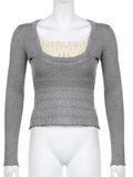 Knitted Y2K Woman Tshirts Patchwork Simple Cute Insta Outfits 2000s Aesthetic Long Sleeve Kawaii Autumn Tops