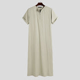 Men Muslim Kaftan Short Sleeve Solid Color O Neck Jubba Thobe Abaya Casual Dubai Saudi Arabia Islamic Men Robes