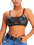 Sexy Black Lace Patch PU Leather Straps Night Club Crop Bralette