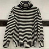 Loose Fashion Striped Spliced Sweaters Autumn Winter Casual Thick Warm Turtleneck Korean All-match Knitted