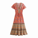 Floral print summer beach Bohemian dress for women Ladies V-neck short sleeve dress female Robe Boho hippie dress