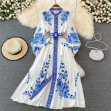 2022 Spring Runway Long Dress Women Long Lantern Sleeve Single Breasted Blue Floral Print Split Boho Dress with