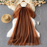 Lantern Sleeve Style Square Collar Net Dress Femininity Tea Break Skirt Warm And Long Fairy Skirt-Outfit