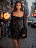 New Women's Wear Temperament And Fashion Slim Lace Horn Long-Sleeved Tie A Pendulum Dress Woman-Outfit