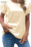 Summer Tops Woman Short Sleeve Silk Blouse Loose Casual O-Neck Solid Shirts Fashion Satin Clothing Elegant