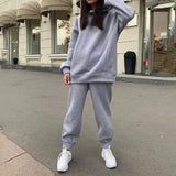 Autumn Winter Two Piece Set For Women Tracksuit Harajuku Hooded Sweatshirt And Elastic Waist Long Pant 2021 Solid