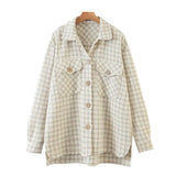 Women Fashion Tweed Plaid Loose Irregular Jacket Coat Vintage Long Sleeve Pockets Female Outerwear Chic