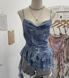 Shoot Spice Girl Swing Network Yarn Print Sling Vest Retivating Lotus Leaf Side Ribbon Short Top