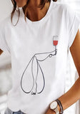 White Casual O-Neck Short Sleeves Print