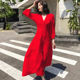 Lace Elegant Women's Dress Spring Hollow Button V Neck Lantern Sleeve White Long Dresses Boho Casual Holiday