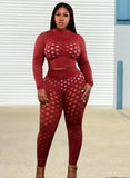 Plus Size Sexy Mesh Dot See Through Long Sleeve Top And Pant 2 Piece Sets 703-1-Outfit