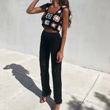 Harajuku Handmade Hollow Out Crochet Plaid Flower Tanks Women Summer Cropped Tops Retro Cool Girl Short Tee Holiday-Outfit