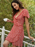 Floral Ruffled Flutter Sleeve Plunge