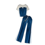 Hong Kong-Flavored Suit Female Design Sense Short-Sleeved T-Shirt Spliced Denim Jacket + High-Waisted Casual Straight Pants
